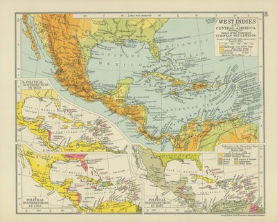 Westindien und Mittelamerika mit den Daten der wichtigsten europäischen Siedlungen (Farblithografie) von English School