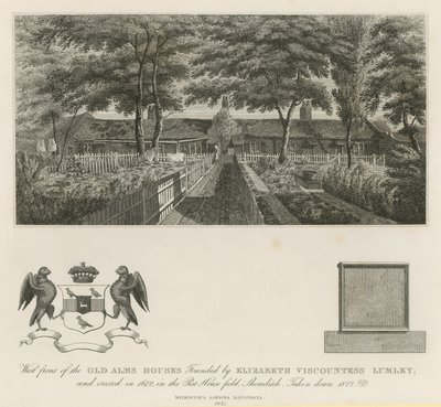 Westfassade der alten Armenhäuser, gegründet von Elizabeth Viscountess Lumley von English School