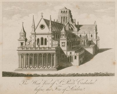 Westansicht der St. Pauls Kathedrale, vor dem Großen Brand von London von English School