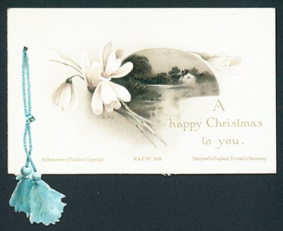 Weiße Schneeglöckchen und Haus am See, Weihnachtskarte von English School