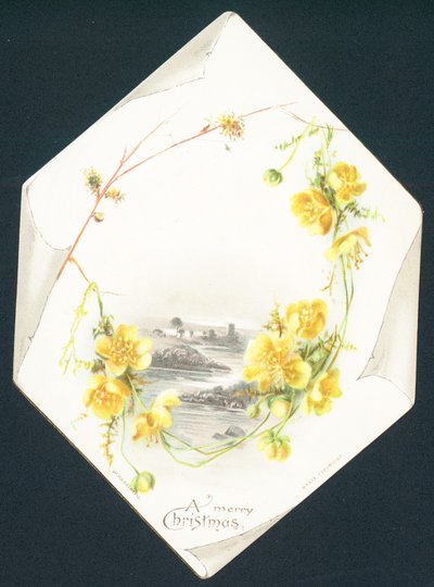 Wilde gelbe Rosen und Landschaftsszene, Weihnachtskarte von English School