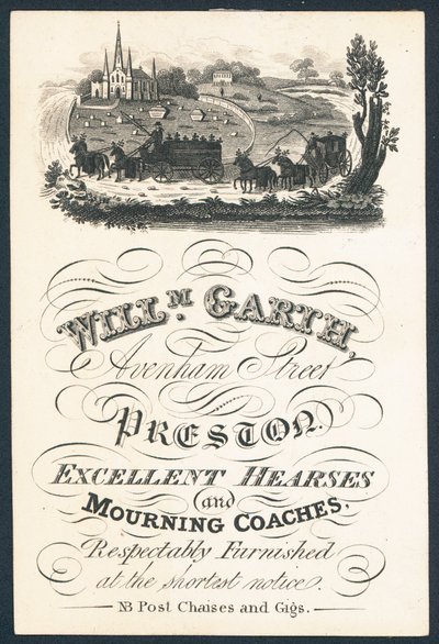 William Garth, Lieferant von ausgezeichneten Leichenwagen und Trauerkutschen, Visitenkarte von English School
