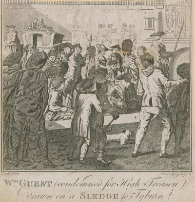 William Guest, wegen Hochverrats verurteilt, auf einem Schlitten nach Tyburn gezogen von English School
