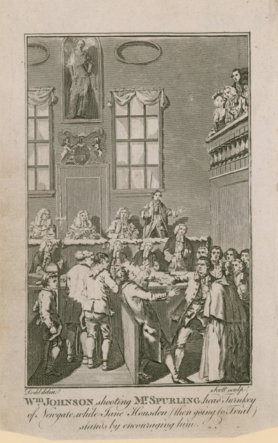 William Johnson erschießt Mr. Spurling, den Hauptaufseher von Newgate, während Jane Housden (die gerade vor Gericht steht) ihn ermutigt von English School