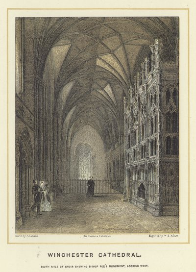Kathedrale von Winchester, Südgang des Chors mit dem Denkmal von Bischof Fox, Blick nach Westen von English School