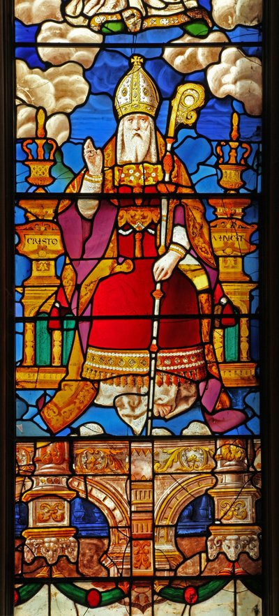 Fenster N2 mit St. Nikolaus: eine verwandelte Figur von Gott dem Vater ursprünglich an der Spitze eines Jessebaums noch in St. Georges Hanover Square von English School