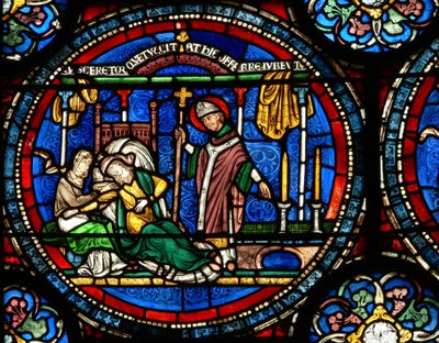 Fenster n4, Szene aus einem St. Thomas Becket Wunderfenster: Julia Puintel wird zum Grab geschickt von English School