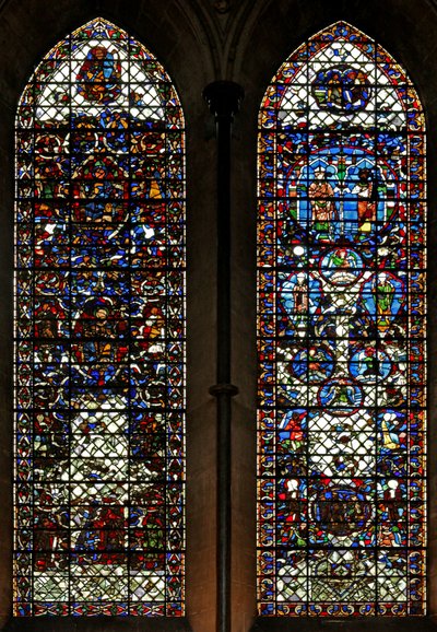 Fenster nave-S mit Darstellung des Baums Jesse: und andere Szenen - neu zusammengesetztes Fenster von English School