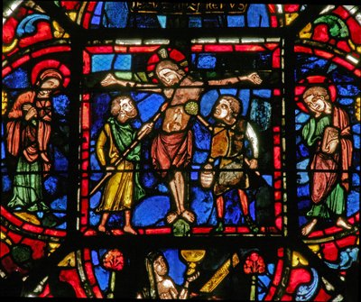 Fenster w0 mit der Kreuzigung mit Maria und Johannes und Soldaten mit einem Speer und dem Essigschwamm von English School