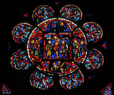 Fenster w0 mit der Kreuzigung mit Maria und Johannes und Soldaten mit einem Speer und dem Essigschwamm von English School
