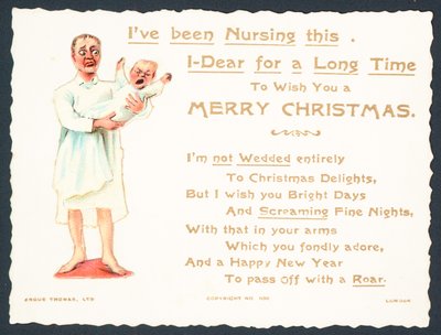 Frau hält schreiendes Baby, Weihnachtskarte von English School
