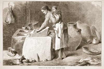 Frau der Westküste beim Mahlen von Mais, Illustration aus der Bildausgabe des Lebens und der Entdeckungen von David Livingstone von J. Ewing Richie, veröffentlicht von A. Fullarton & Co., 1876 von English School
