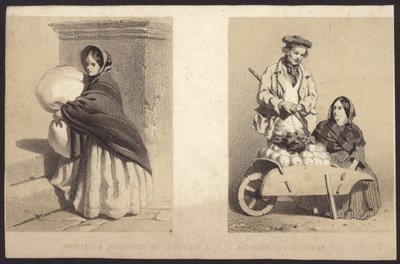 Straßenverkäuferin, die Gemüse von einer Karre verkauft (Lithographie) von English School
