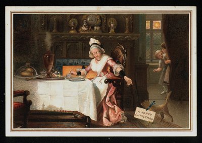 Frau trinkt Tee mit ihrer Katze, Weihnachtsgrußkarte von English School