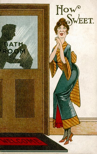 Frau beobachtet einen Mann im Badezimmer von English School