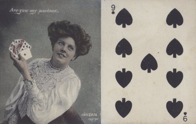 Frau mit Spielkarten und der Neun der Pik von English School