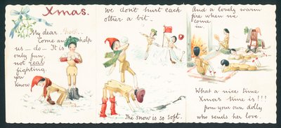 Holzpuppen beim Schneeballkampf von English School