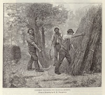 Holzfäller bereiten sich auf das Kohlenbrennen vor von English School