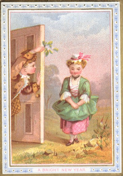 Mädchen zum Mistelzweig locken, Neujahrskarte von English School