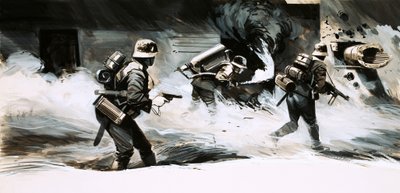 Soldaten des Zweiten Weltkriegs greifen einen Bunker mit einem Flammenwerfer an von English School