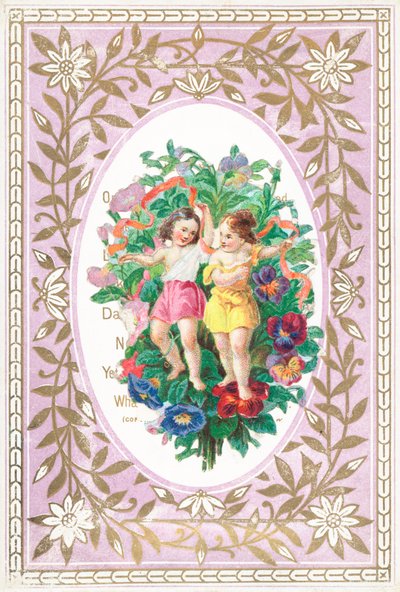 Mädchen und Junge mit Blumen und Bändern, Karte von English School