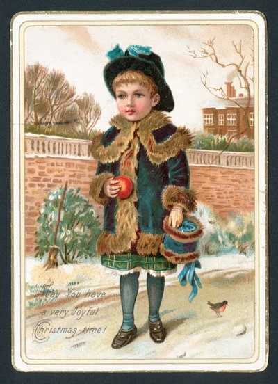 Junges Mädchen hält Pelzmuff und Apfel, Weihnachtskarte von English School