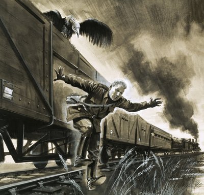 Der junge Winston Churchill flieht mit dem Zug, in Begleitung eines Geiers von English School