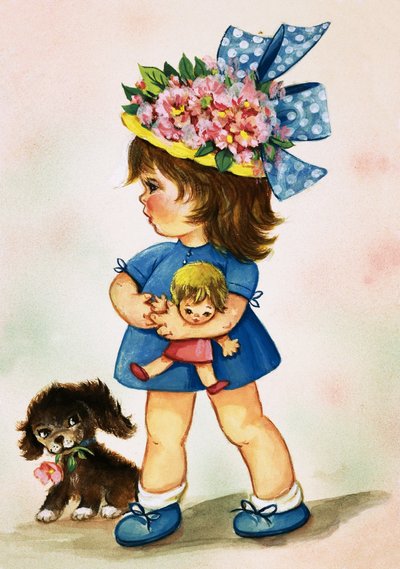Junges Mädchen mit blumigem Hut, Puppe und Welpe von English School