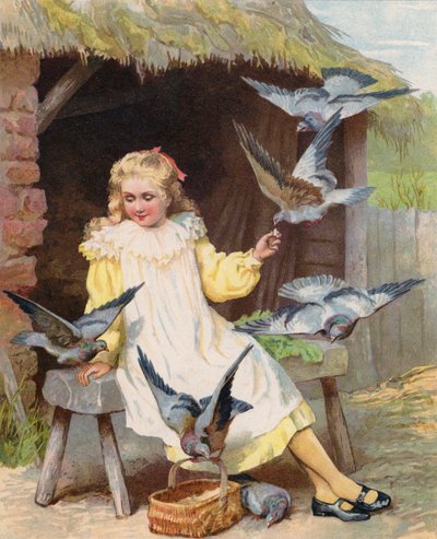 Junge Mädchen füttern Tauben auf einem Bauernhof von English School