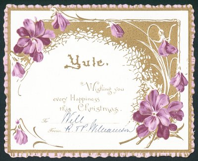 Weihnachten, violette Blumen, Weihnachtskarte von English School