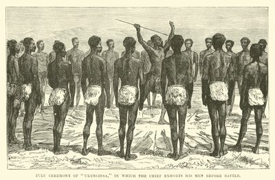Zulu-Zeremonie von Ukuncinsa, bei der der Häuptling seine Männer vor der Schlacht ermahnt von English School
