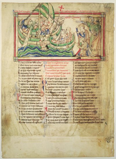 f.4v Thomas a Becket landet in Sandwich und segnet das Wasser, aus den Becket-Blättern, ca. 1220-40 von English School