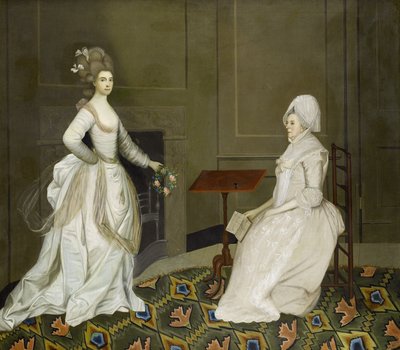 Zwei Damen in einem Innenraum, eine liest, die andere hält einen Blumenkranz von English School, 18th Century