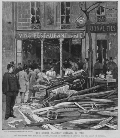 Anarchistischer Terror in Paris: Bombardierung des Restaurants Very am Boulevard de Magenta als Rache für die Verhaftung von Ravachol, 25. April 1892 von Enoch Ward