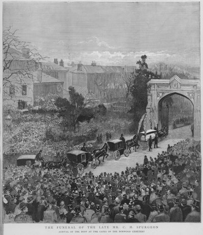 Trauerzug, der den Leichnam des englischen Baptistenpredigers Charles Haddon Spurgeon zum Norwood Cemetery in London bringt von Enoch Ward