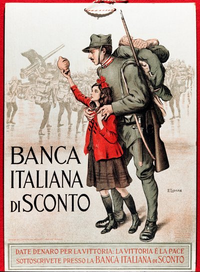 Erster Weltkrieg: Italienisches Plakat zur Förderung eines nationalen Kredits, Darstellung eines Soldaten mit einem kleinen Mädchen, das ihm seine Lira anbietet von Enrico della Lionne