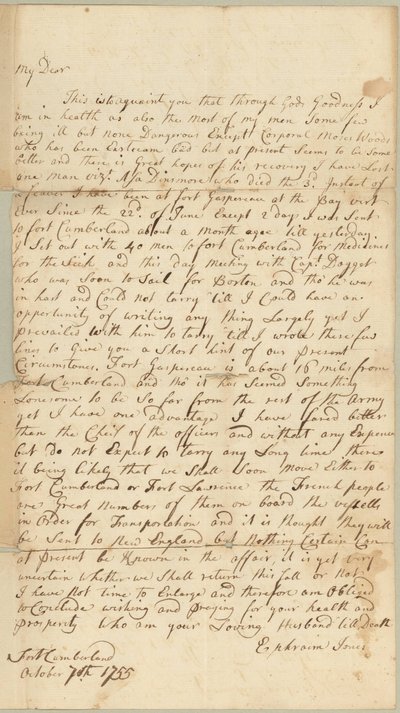 Brief an Allice Jones, Concord, Massachusetts, 7. Oktober 1755 von Ephraim Jones