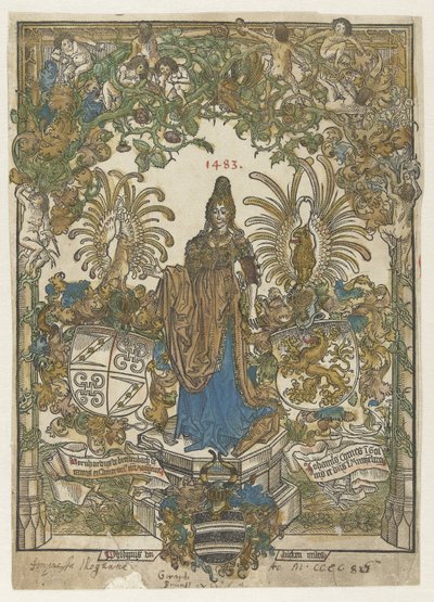Frontispiz mit Frau auf Sockel mit Wappen von Bernhard von Breydenbach und Johannes Comes von Erhard Reuwich