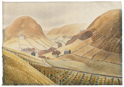 Getreidehocken und Bauernhöfe - Hill Farm, Capel-y-ffin, Wales von Eric Ravilious