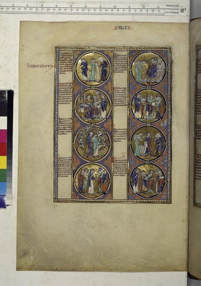 Vollseite: Acht Medaillons mit Miniaturen und begleitet von Text, um 1225-1250 von Erich Lessing