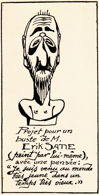 Büstenprojekt des Komponisten Erik Satie (1866-1925) von ihm selbst: "Ich kam sehr jung in eine sehr alte Zeit" (Büstenprojekt des Komponisten Erik Satie von ihm selbst). Private Sammlung von Erik Satie