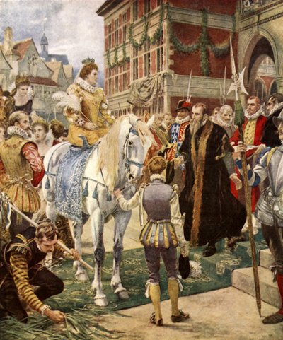 Königin Elisabeth eröffnet die Royal Exchange (Farblithografie) von Ernest (after) Crofts