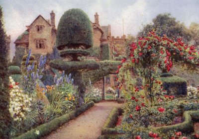 Rittersporn im Staudenbeet in Levens Hall (Farblithographie) von Ernest Arthur Rowe