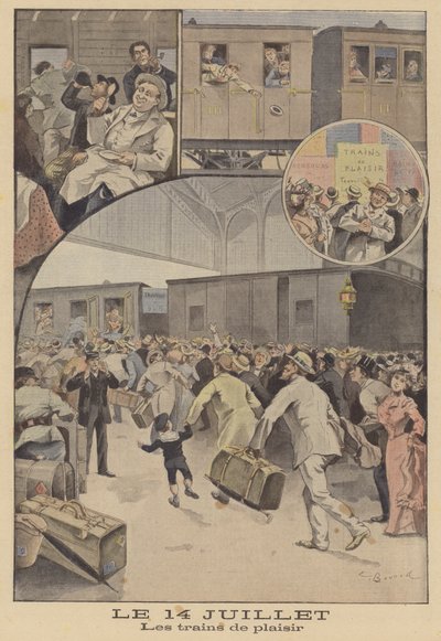 Züge, die Passagiere zu den Feierlichkeiten zum Bastille-Tag bringen von Ernest Auguste Bouard