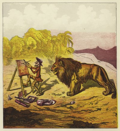 John Bold von einem Löwen überrascht beim Malen von Ernest Henry Griset