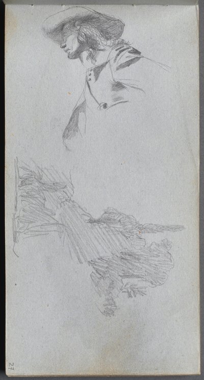 Skizzenbuch, Seite 27: Detailstudie für "Auf einer Terrasse" und Landschaftsstudie von Ernest Meissonier