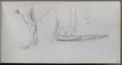 Skizzenbuch, Seite 43: Studien: Pferdebein, Figur in einem Boot und Profil von Ernest Meissonier