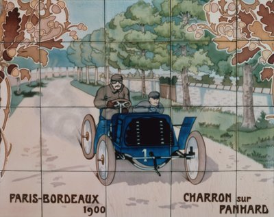 Charron fährt ein Panhard-Auto im Rennen Paris-Bordeaux 1900: Keramikfliesen hergestellt von Gilardoni Fils et Cie aus Paris, nach einer Zeichnung von Ernest Montaut (1878-1909) von Ernest Montaut