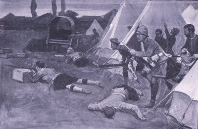 Der Angriff auf das britische Lager auf dem Marktplatz von Jacobsdal, Illustration aus After Pretoria: The Guerilla War, 1902 von Ernest Prater
