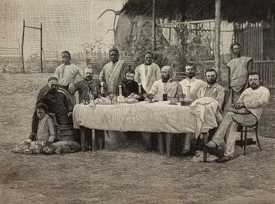 Anti-Sklaverei-Gesellschaftsbankett im italienischen Konsulat in Boma, Demokratische Republik Kongo, Gravur von Ernesto Mancastropa nach einem Foto von Giuseppe Corona, aus L